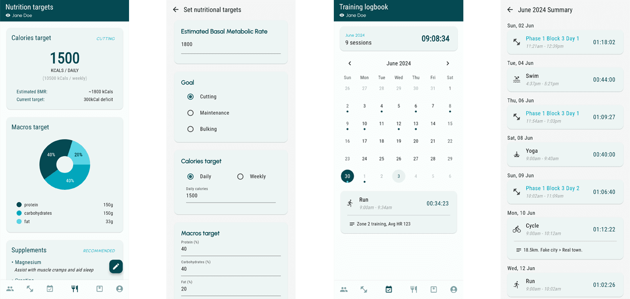 Ameliorate nutritional targets and training logbook